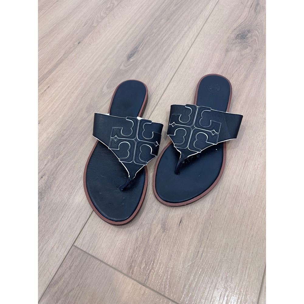 Tory Burch Miller Black Leather Thong Sandals White Contrast Stitching Logo 9.5